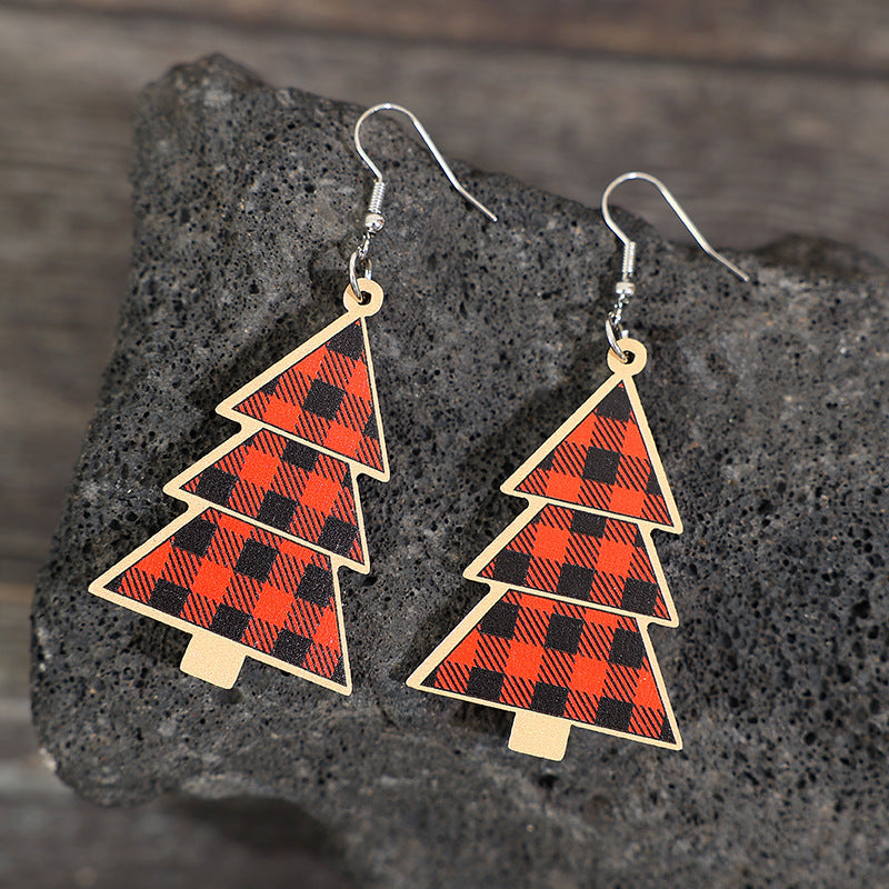 Red Plaid Christmas Tree Wood Earrings