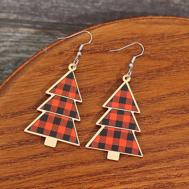Red Plaid Christmas Tree Wood Earrings