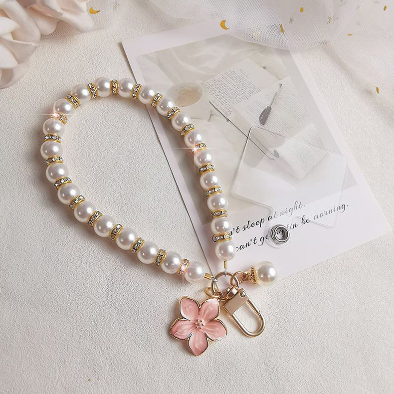 Mobile Phone Lanyard Pearl Pendant Flower Keychain