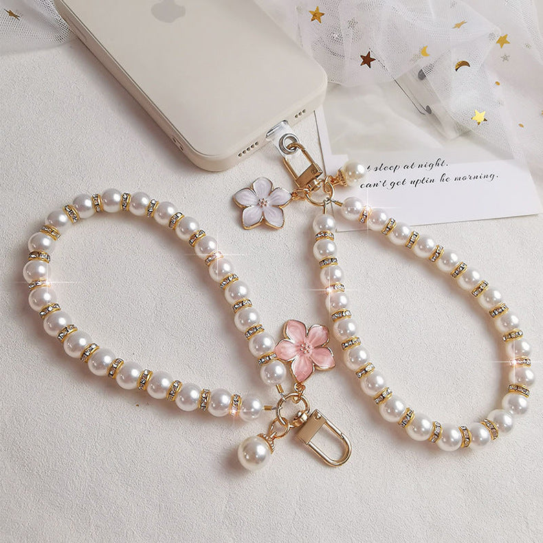 Mobile Phone Lanyard Pearl Pendant Flower Keychain