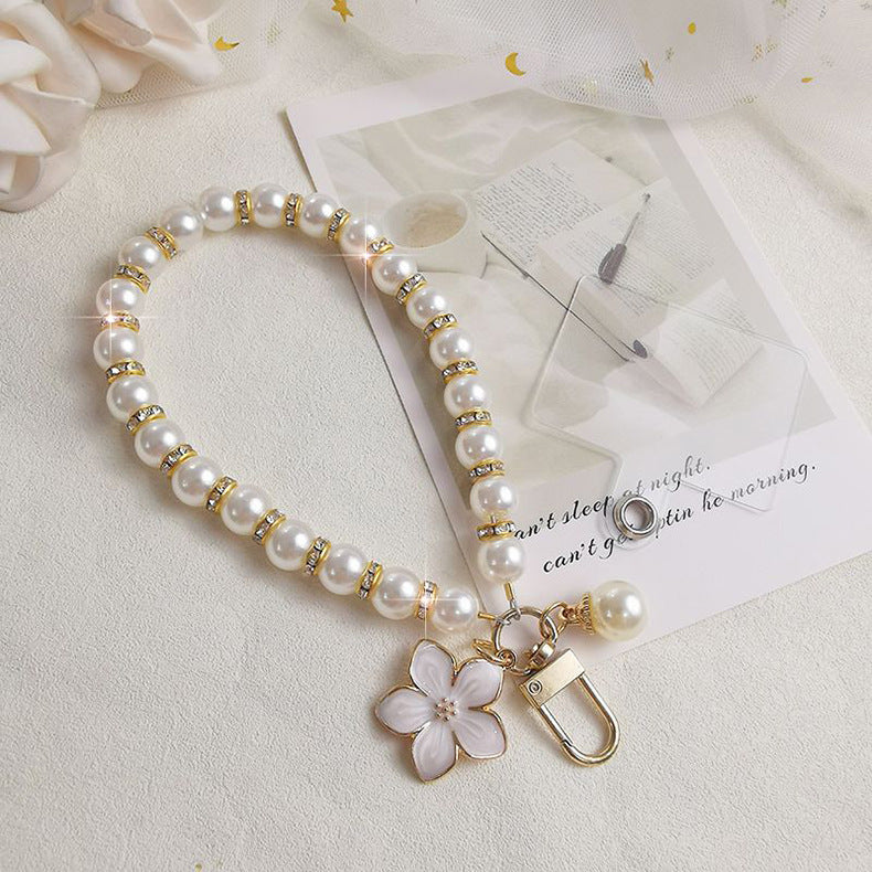 Mobile Phone Lanyard Pearl Pendant Flower Keychain