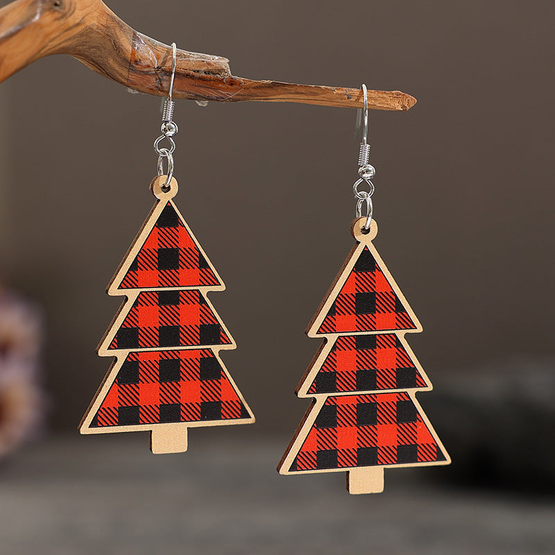 Red Plaid Christmas Tree Wood Earrings