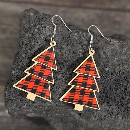 Red Plaid Christmas Tree Wood Earrings
