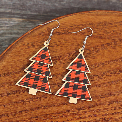 Red Plaid Christmas Tree Wood Earrings