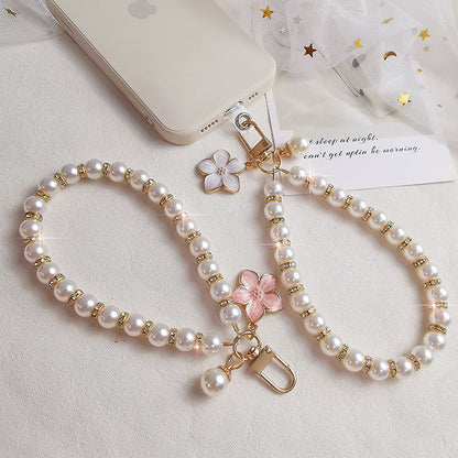 Mobile Phone Lanyard Pearl Pendant Flower Keychain